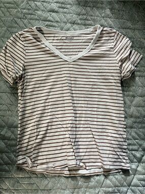 Old Navy White and Brown Striped V-Neck Tee